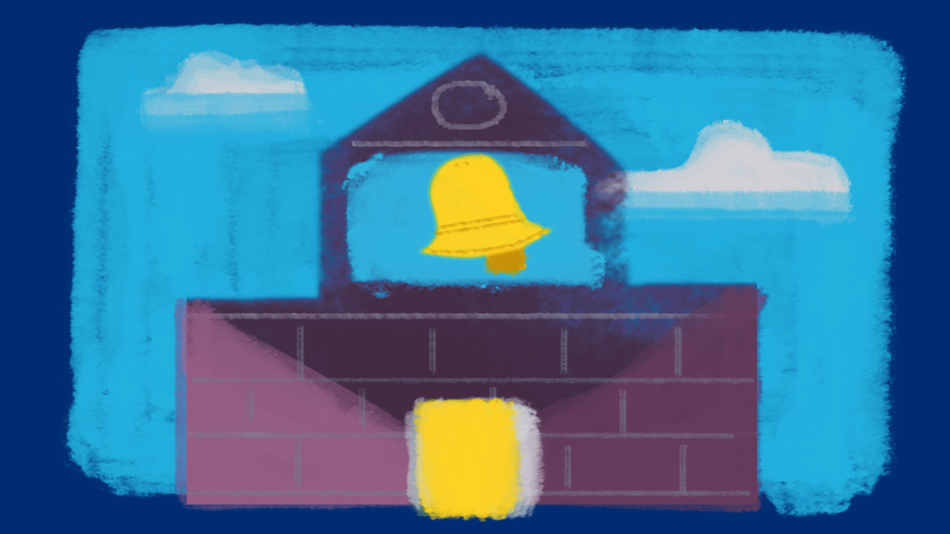 an artistic illustration of a school building bell